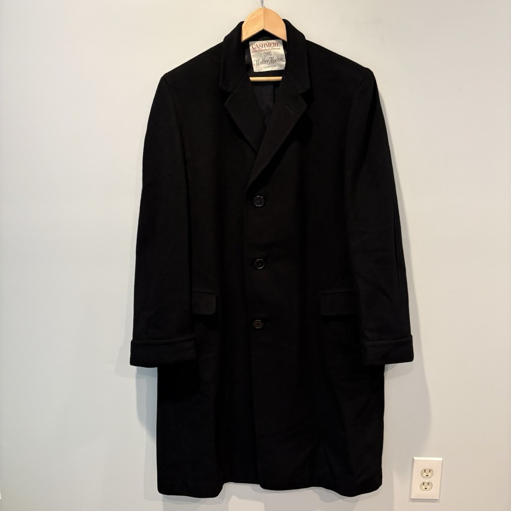 Vtg 1950s 100% Cashmere Overcoat USA Union Made Black Quiet Luxury Sz 44/46